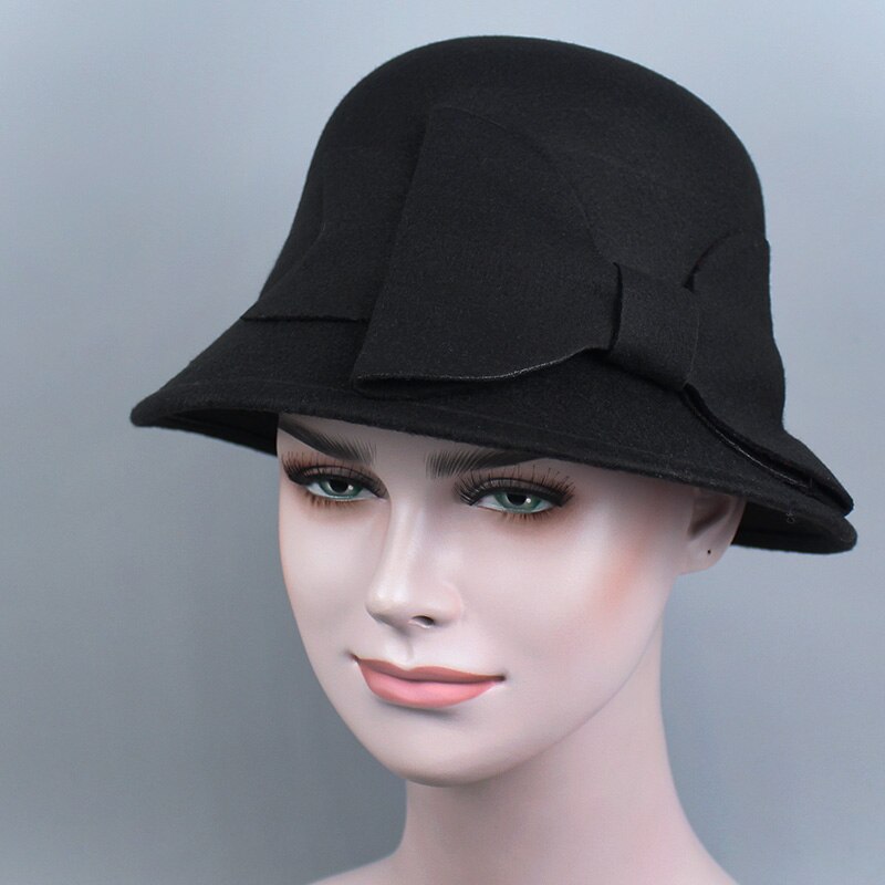 Merk retro dames dames fedora's top jazz hoed winter herfst pet katoen imitatie wollen bolhoeden ronde strik petten: Zwart