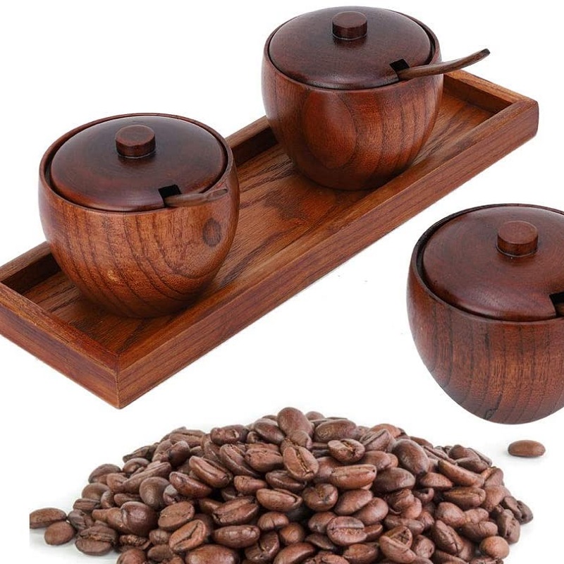 Wooden Condiment Container Seasoning Box Set Condiment Canisters Pots with Wooden Spoon Lid and Base,Secure Durable Organization