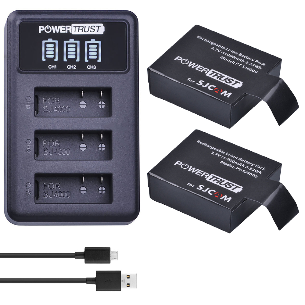 PowerTrust 4x SJ4000 batería PG1050 + LED 3 ranuras cargador USB para SJCAM SJ4000 SJ5000 SJ6000 SJ7000 SJ8000 SJ9000 M10 Cámara de Acción: 2Battery and charger