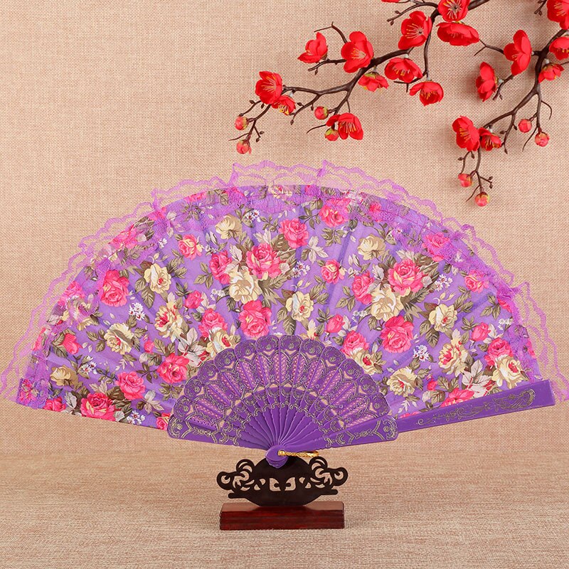 Vintage Flower Pattern Folding Fans Bronzing Wood Silk Plastic Hand Fans With Lace Ribbon Edge Dance Wedding Party Prop