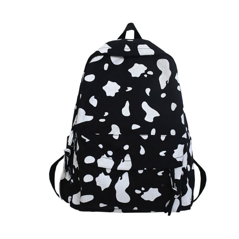 Cute Milk Cow Printing Canvas Backpack School Bag Casual Daypack for Teenager: black