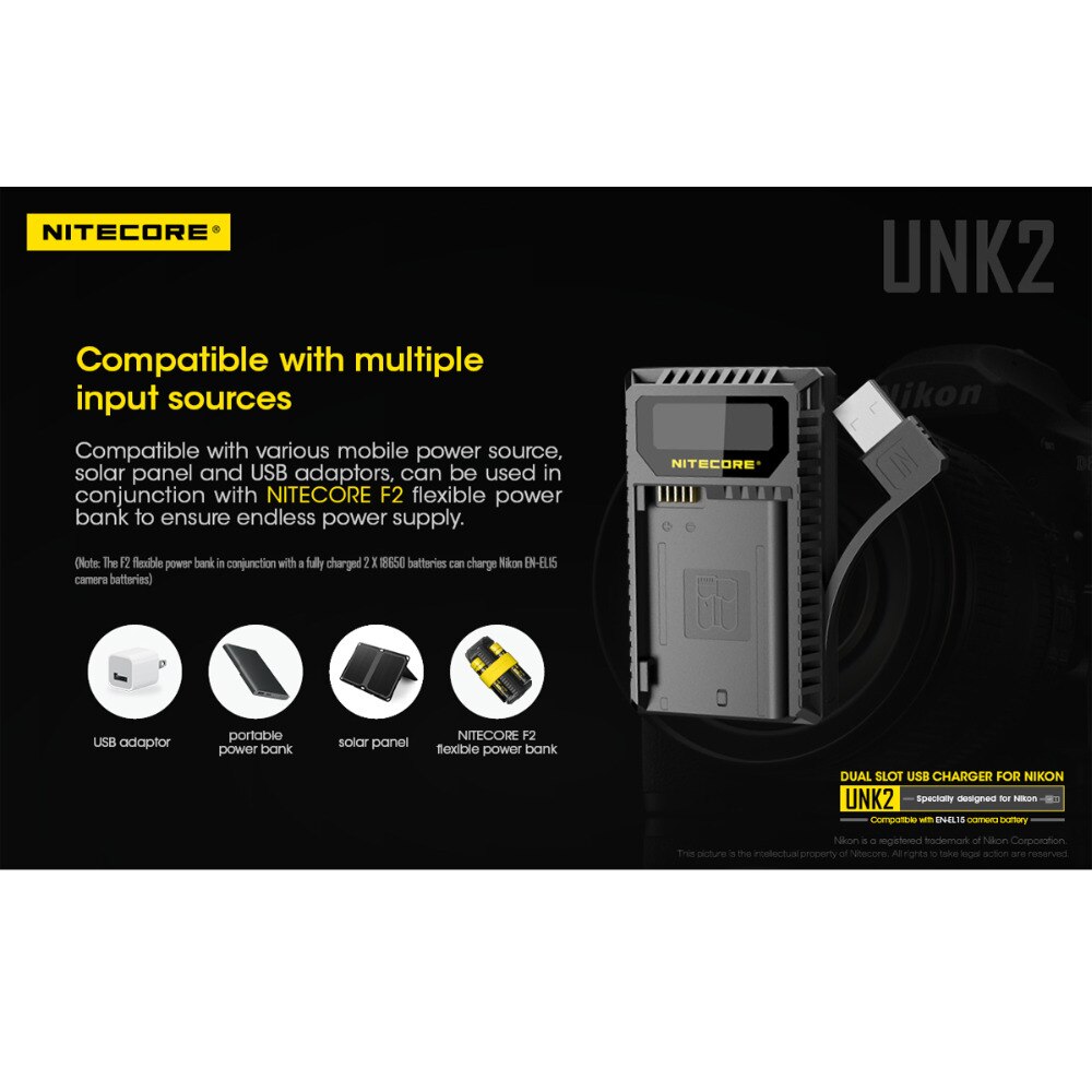 Nitecore UNK2 Dual USB Charger For Nikon EN-EL15 Battery D500 D600 D610 D750 D800 D800E D810 D810A V1 1V1 D850 D7000 D7100