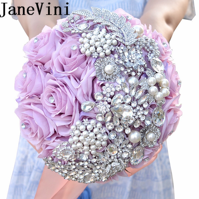 JaneVini Luxury Purple Wedding Flower Bridal Bridesmaids Bouquet Handmade Silk Roses Bling Rhinestone Bouquet Fleur Mariage