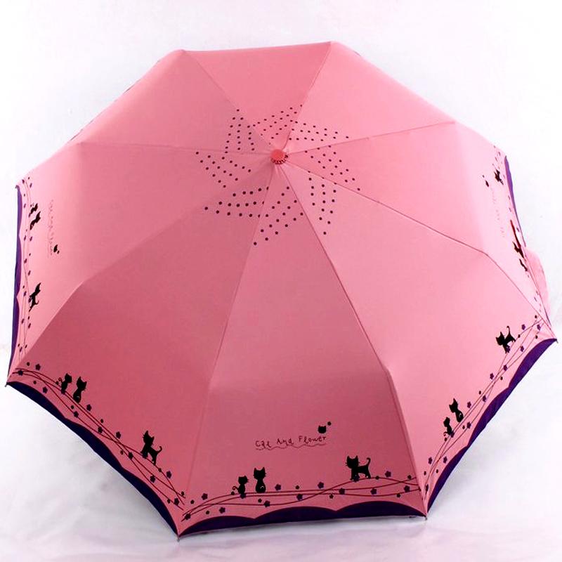 Parapluie pliant automatique pour femmes, style chat et fleurs, ultraléger, coupe-vent, pluie de soleil: Red