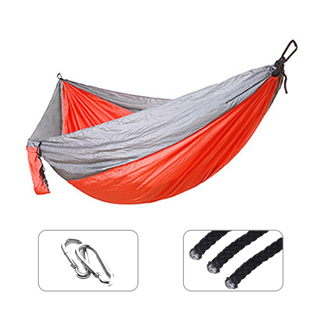 Single Double Hammock Adult Outdoor Backpacking Travel Camping Survival Sleeping Bed Portable Thicken With 2 Ropes 2 Carabiners: Gray add Orange Red
