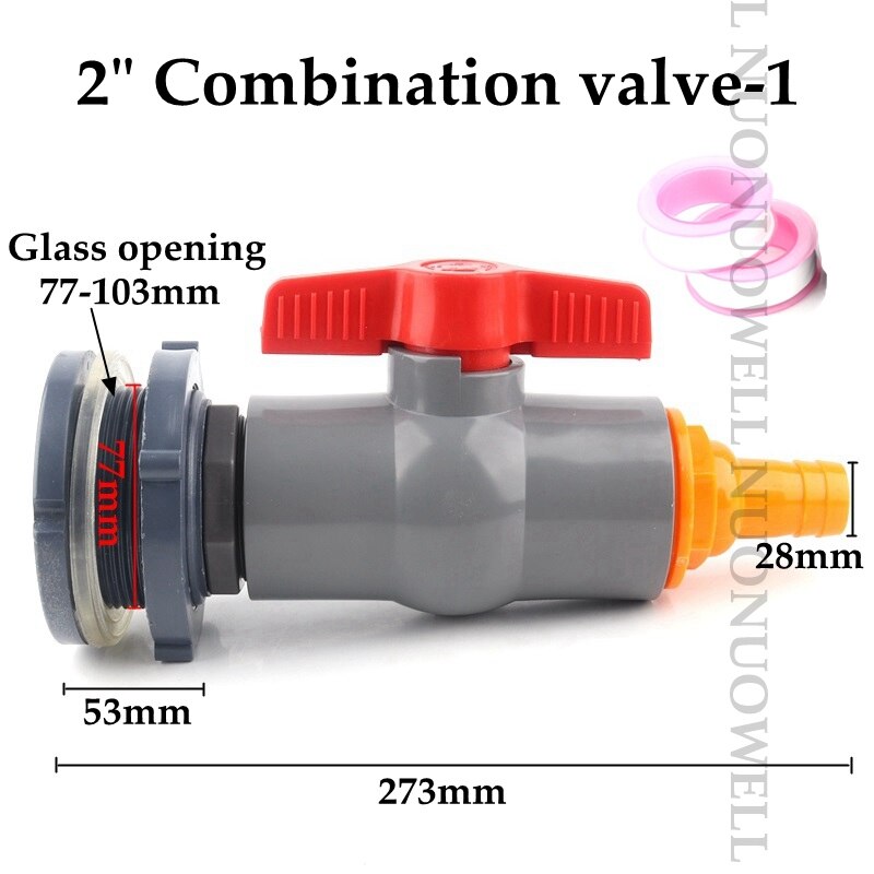 1Set 1/2"1" Combination Valve Aquarium Pagoda Connector Fish Tank Drain Joint Aquarium Hose Drainage Accessories Valve Assembly: 2in vavle 1