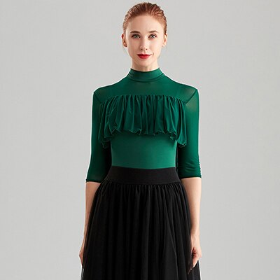 ballroom dance tops short-sleeved Modern Latin dance practice clothes for women: Green   / L