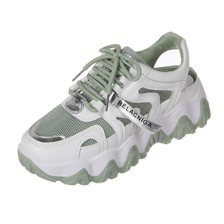 Sandales à semelles ondulées pour papa, chaussures à lacets en maille creuse, baskets décontractées à semelle épaisse pour femmes: Vert / 37