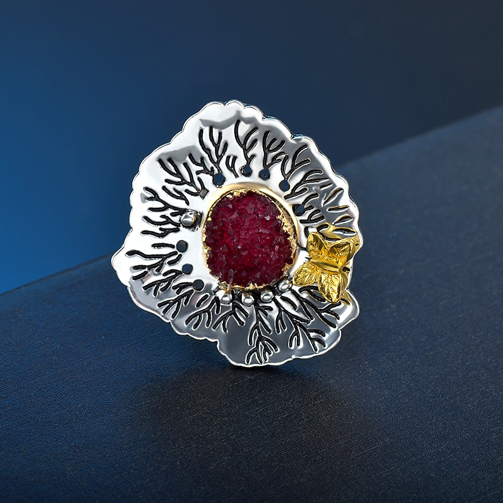 Neue Vintage Böhmischen Aussage Schmuck Rot Blau Kristall Große Blume Schmetterling Ringe für Frauen Engagement Hochzeit Party Ringe