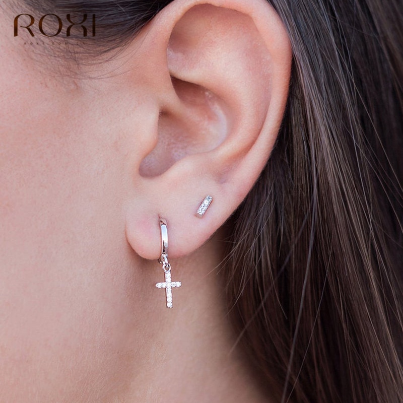 ROXI 925 en argent Sterling éblouissante croix CZ boucle d'oreille pour femmes fille croix Tragus oreille supérieure Cartilage Piercing boucles d'oreilles