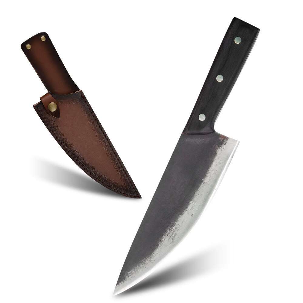 Mão-forjada faca de desossa pequena faca de cozinha com alça de madeira de cor preta para matar peixes e porcos e ovelhas.: Yellow leather case
