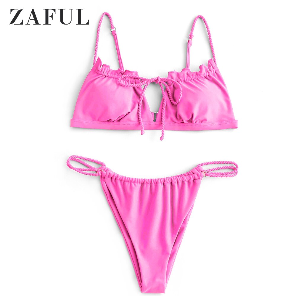 ZAFUL-Conjunto de Bikini con lazo trenzado para mujer, conjunto de Bikini femenino de tela brillante, trajes de baño sólidos azules, ropa de playa de verano,: Hot Pink / L