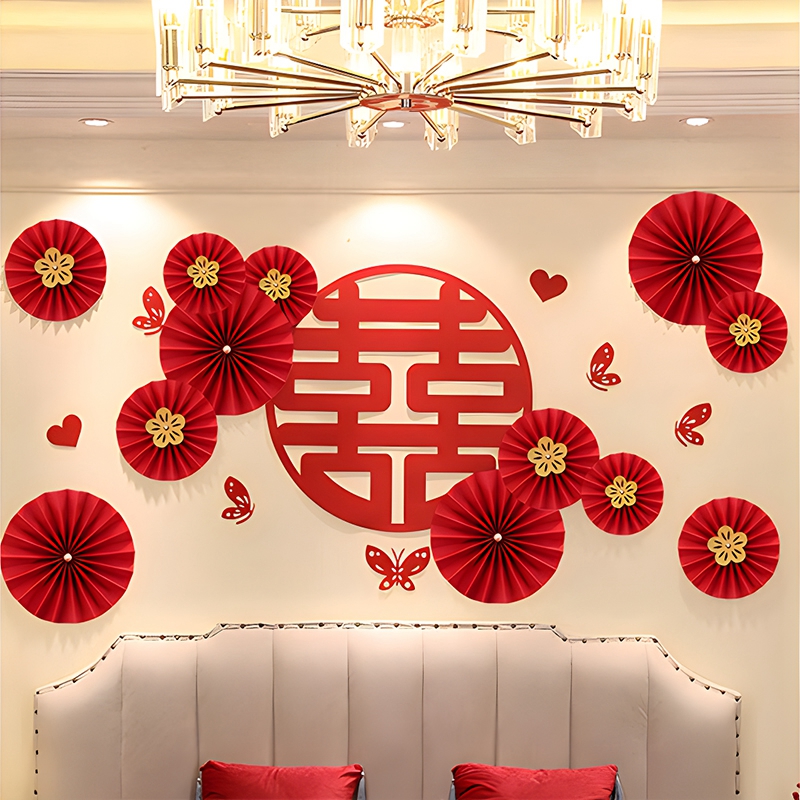 Decoración de boda china Fondo de matrimonio chino abanico de papel colgante adorno de pared abanico de papel rojo decoración de la habitación