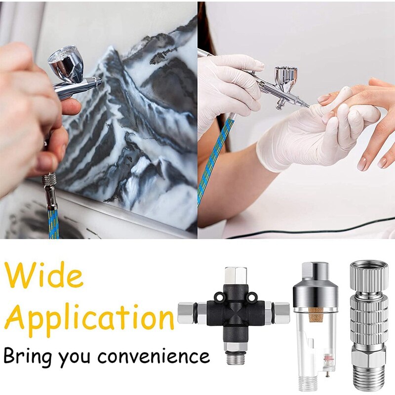 4Pcs Airbrush Adapter Set, 6 Ft Braided Air Hose, 3 Way Airbrush Air Hose Splitter Manifold Airflow Adjustment Coupler
