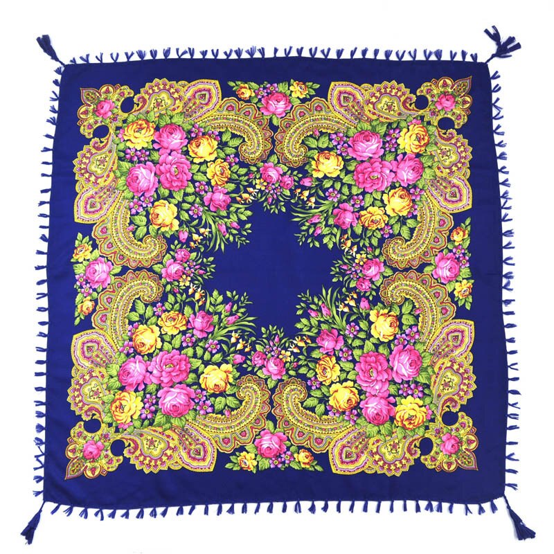 90*90cm châles russes pour femmes, écharpes nationales en coton imprimé, foulards russes rétro à franges, bandanas, pashminas d'hiver pour dames