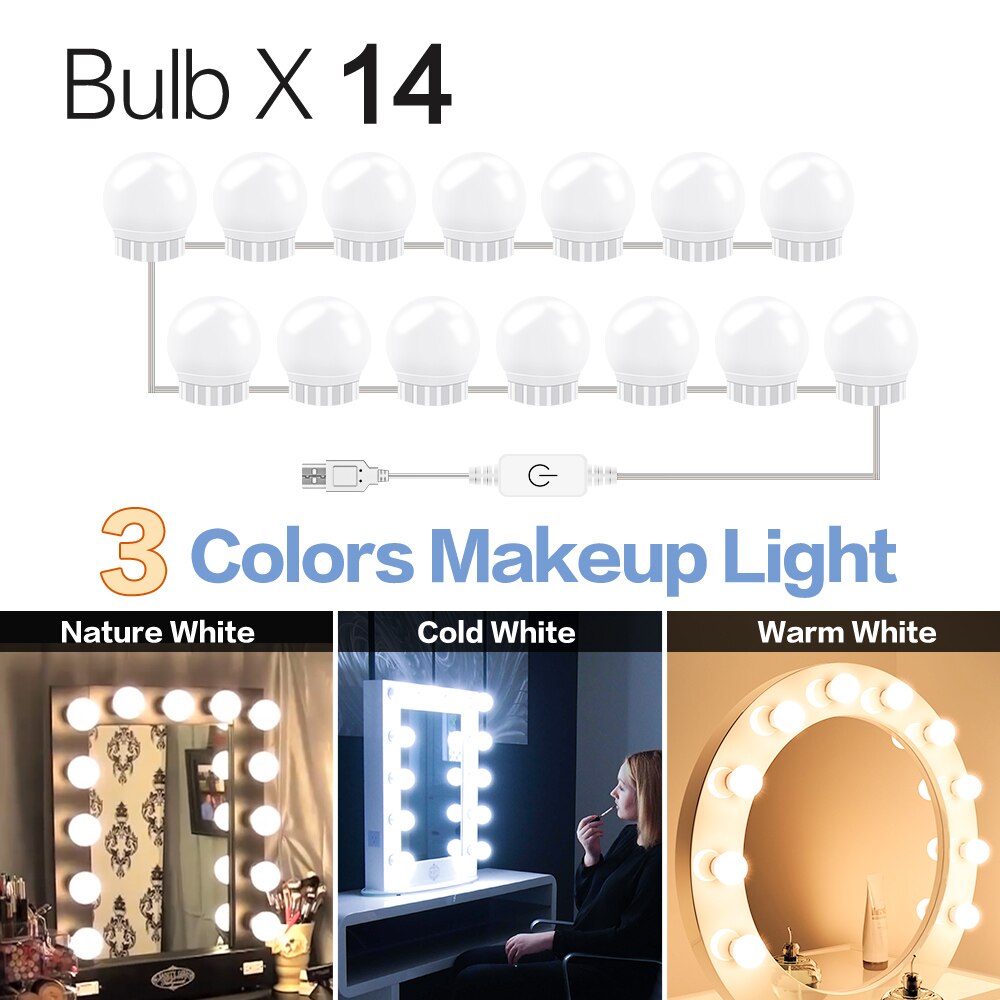 3 Modes Kleuren Make-Up Spiegel Licht Led Touch Dimmen Ijdelheid Kaptafel Lamp Usb Hollywood Make Up Spiegel wandlamp: 3 Colors 14 Bulbs
