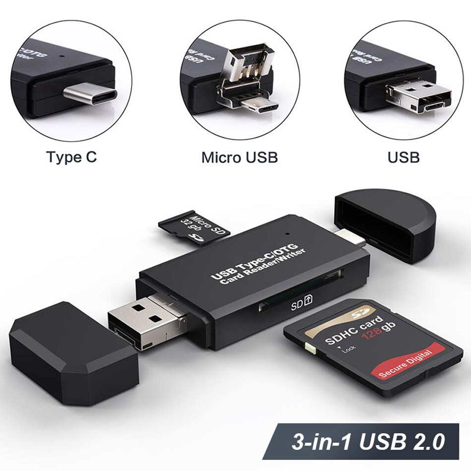 Czytnik kart SD USB 2.0 OTG mikro rodzaj USB C czytnik kart lektora karta pamięci SD czytnik na mikro SD TF USB rodzaj USB-C OTG czytnik kart: 3 in 1 USB 2.0 czarny