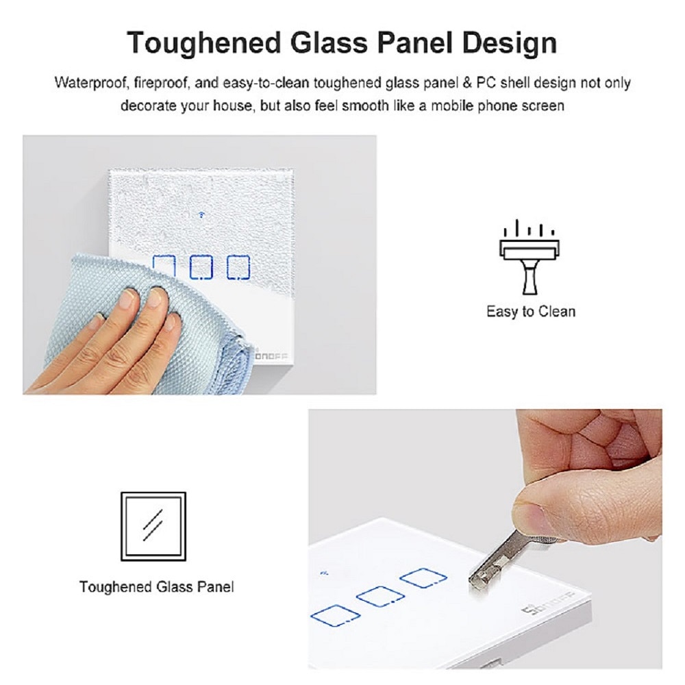 SONOFF Touch Wall Switch Glass Panel Light EU US Socket Plug Wifi Wireless Remote Control 1 Gang 1 Way Relay Google Smart Home