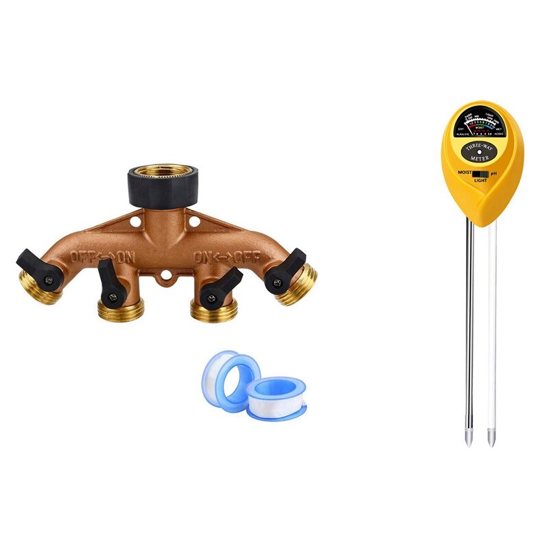 4 Way Br Garden Hose Splitter & Soil PH Meter,3-In-1 Soil Tester Kits with Moisture,Light and PH Test