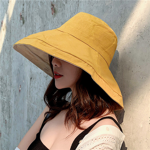 Anti-uv bred skygge bomuld linned solhat til kvinder ferie sommer panama foldbar spand hat stor skygge koreansk strand solhat: Gul