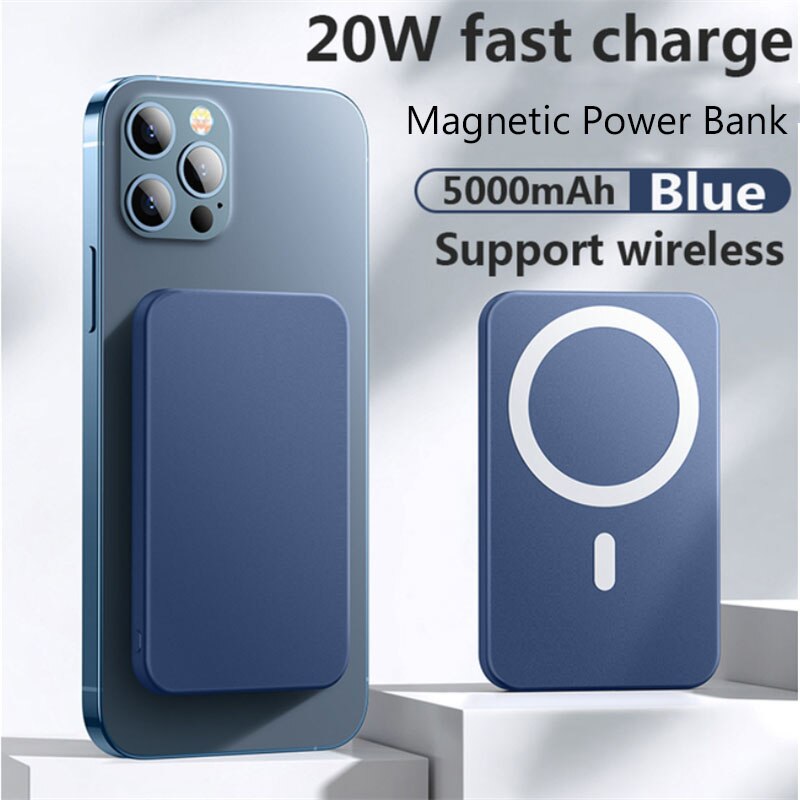 10000mAh Magnet For iPhone 12 12pro max 12mini Battery Pack Magnetic 15W Fast Wireless Power Bank Chargers External Battery: 5000mAh Blue