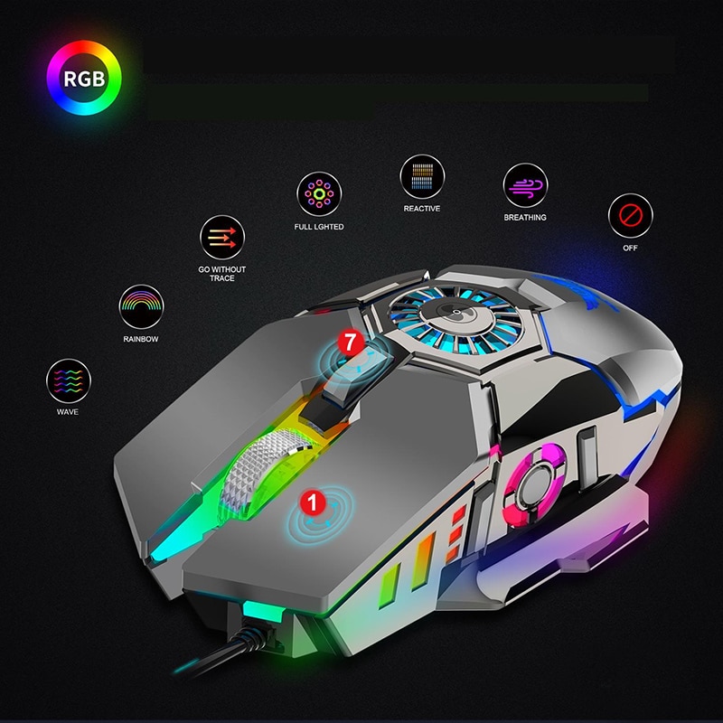 SeenDa Profession Wired Gaming Mouse RGB 7 Buttons 6400 DPI USB Computer Mouse Gamer Mice with Cooling Fan Gaming Mouse