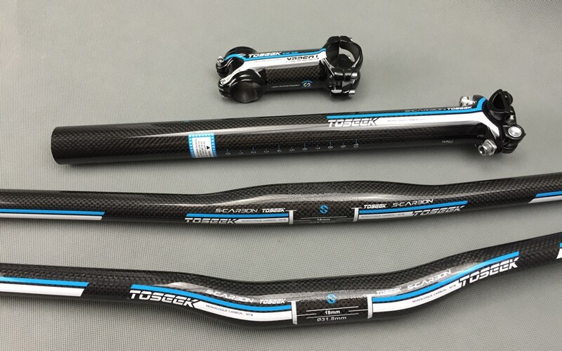 TOSEEK Kohlenstoff Faser Fahrrad Lenker setzt Flachen Anstieg Lenker + vorbau + sattelstütze Mtb Rennrad Bicicleta Fahrrad Teile schwarz blau