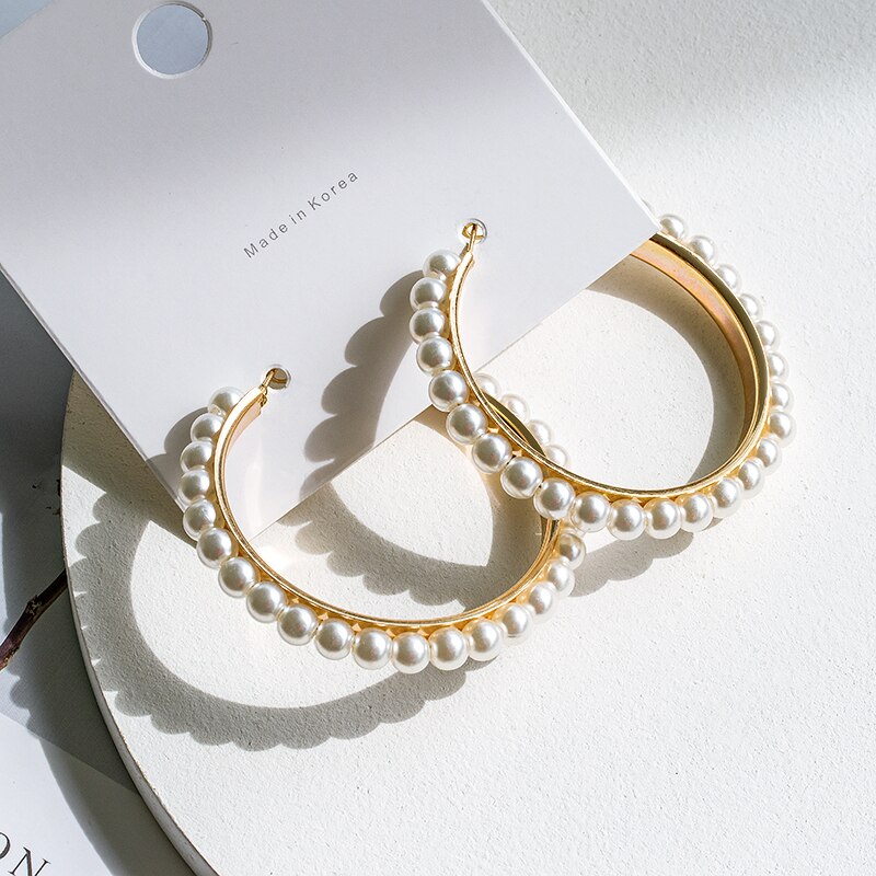 Boucles d'oreilles créoles en perles de culture coréennes, couleur or, simples, en forme de grand cercle, pour femmes, bijoux de mariage: Produit 7