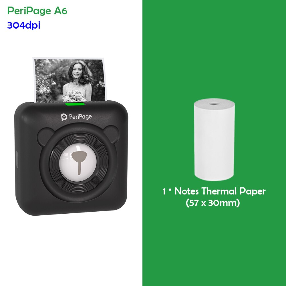 PeriPage A6 Mini Pocket Printer 304DPI Wireless BT Thermal Printer Picture Photo Label Memo Notes Journal Receipt Paper Printer: Black