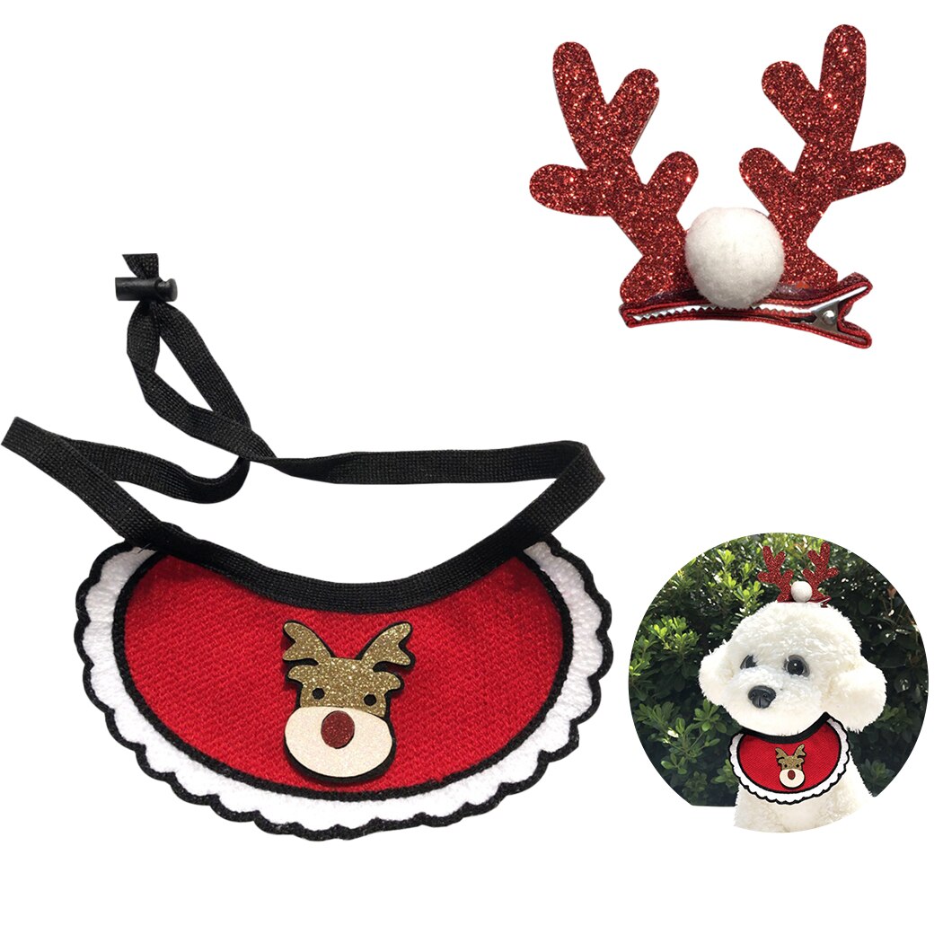 2Pcs/1Set Kerst Pet Bandana Leuke Hond Bandana Bib Huisdier Bib Puppy Halsdoek Met Hond Haar clip Huisdier Accesoires: Red elk