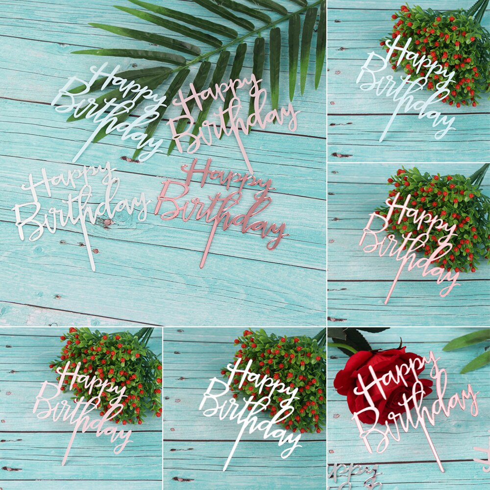 1pc Acrylic Baking cake Insert Decor Party Decoration Glitter Cake Topper Happy Birthday Gold Silver Rose Gold