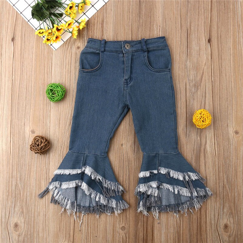 Newborn Toddler Kids Baby Girl Tassel Long Jeans Denim Ruffle Flared Pant Bell-bottom Trouser Girls Clothes 2-7Years