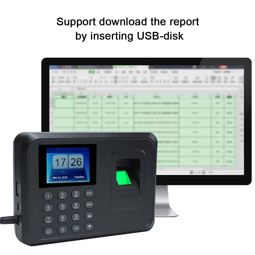 Biometrisk fingeraftryk adgangskode fremmøde medarbejder check-in optager 2.4 tommer lcd-skærm  dc 5v tids fremmøde maskine