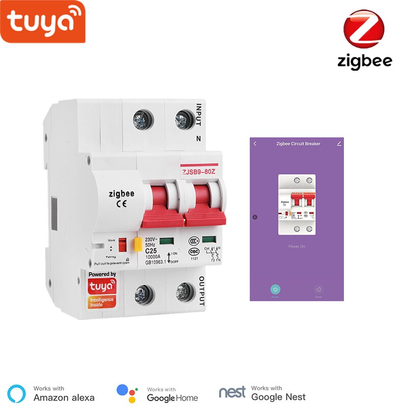 Disyuntor inteligente Zigbee 2P, interruptor automático de sobrecarga, protección de cortocircuito, SmartThings, Compatible con Alexa y Google, Zigbee MCB