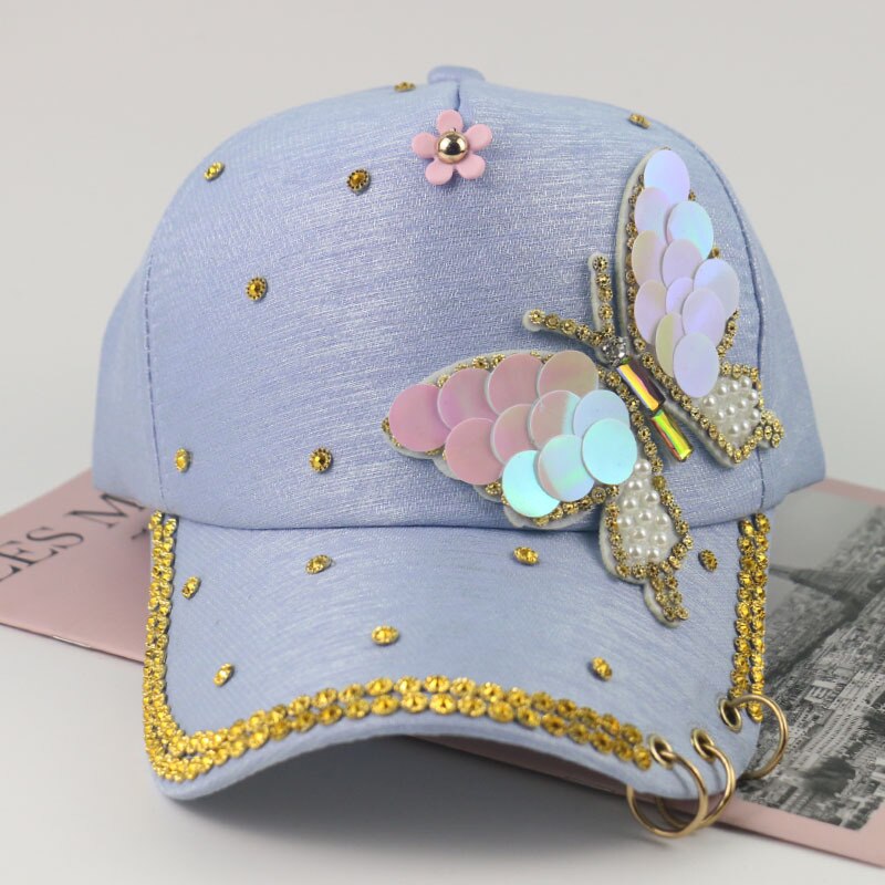 Sommerlue for kvinner sommerfugl-diamantbesatt utendørs baseballcaps, casquatte-hette, metall, tre-ringet solhatt