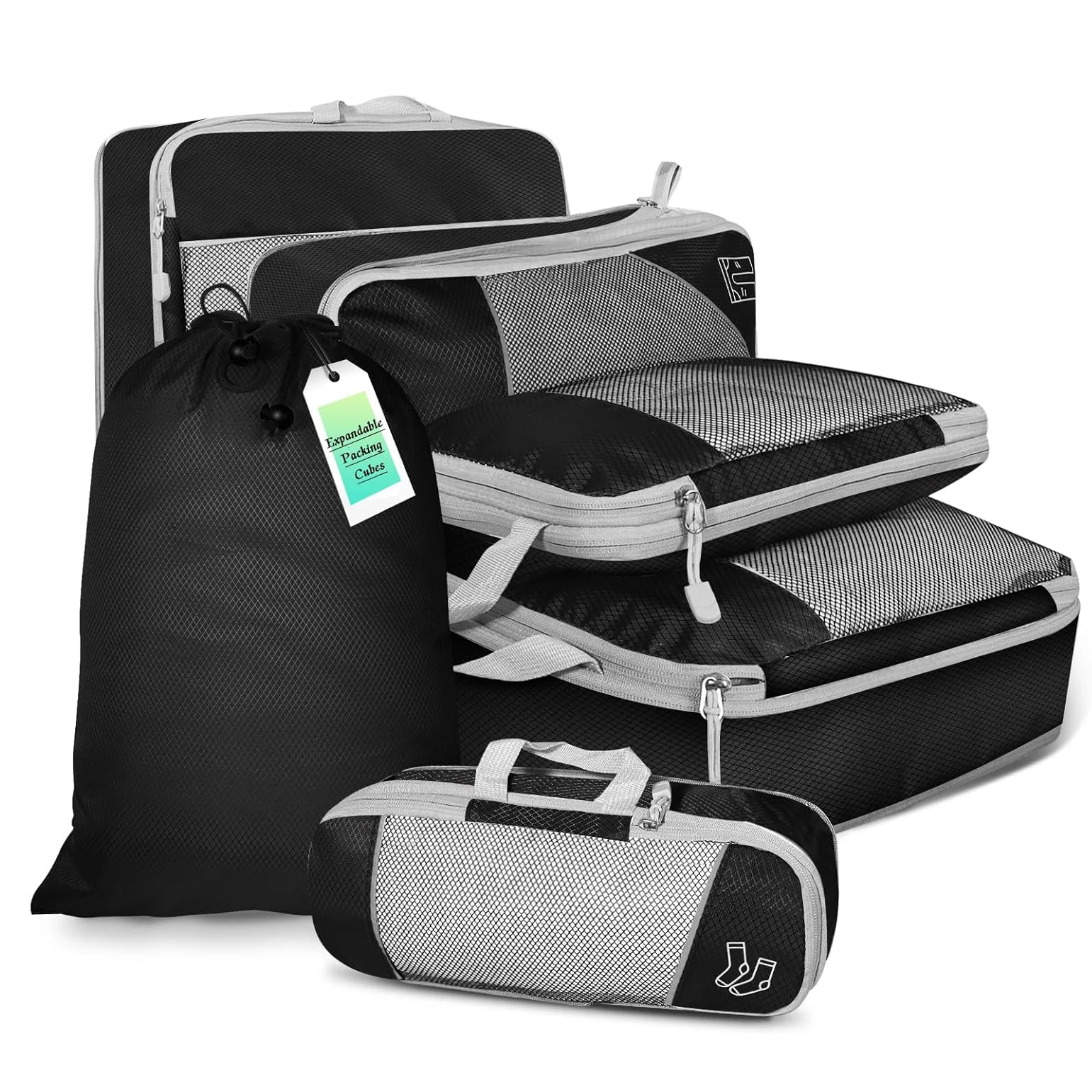 6PCS Travel Compressed Packing Cubes Storage Organizer Set With Shoe Bag Mesh Visual Luggage Portable Lightweight Suitcase Bag: black