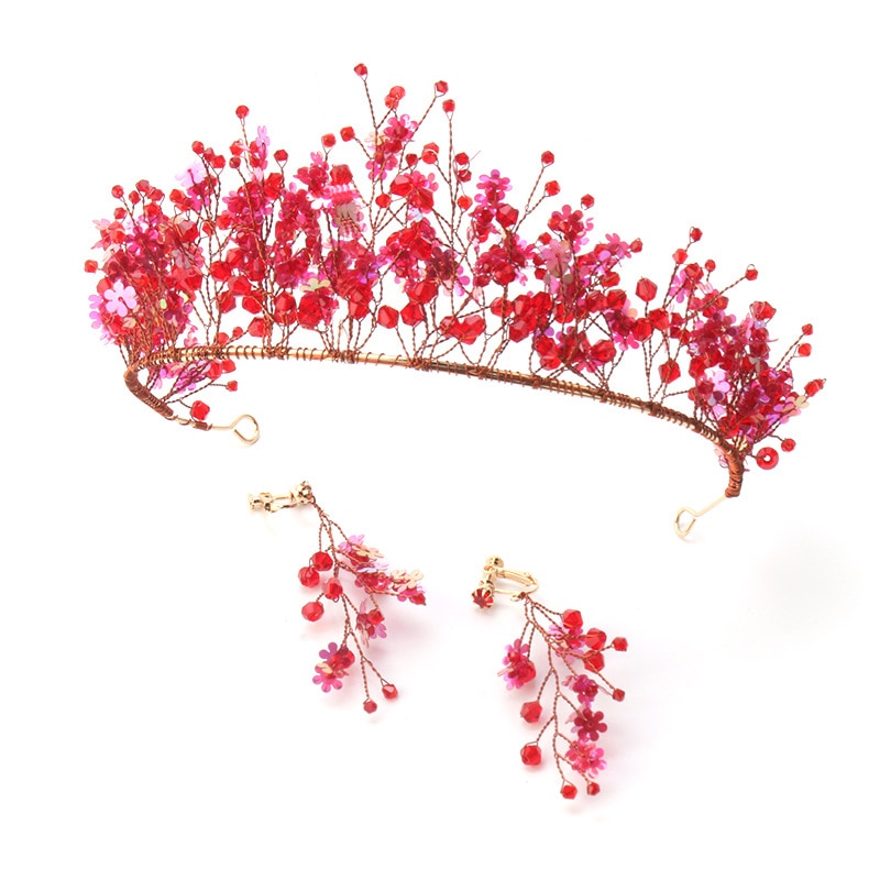 Red Crystal Crown Chinese-Style Wedding Headdress Handmade tiara earrings Wedding Bridal Accessories