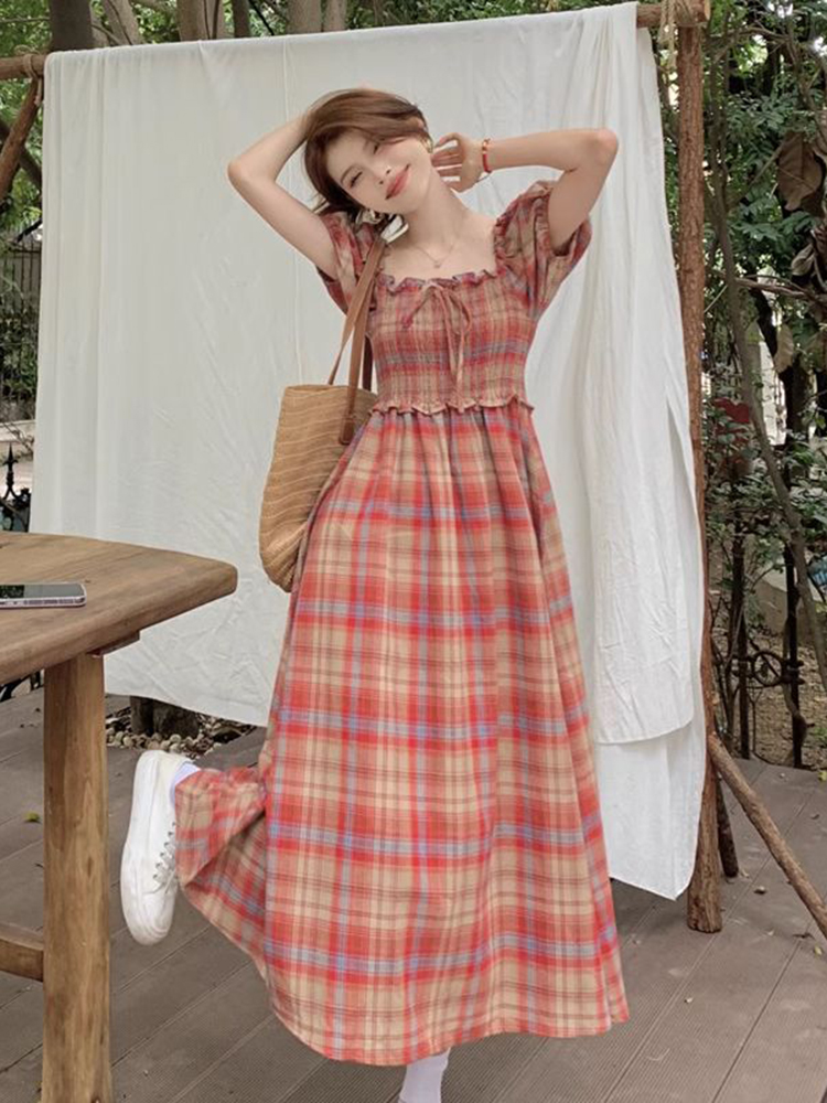 Hepburn stil gul rutete vintage kjole med korte ermer main image 0
