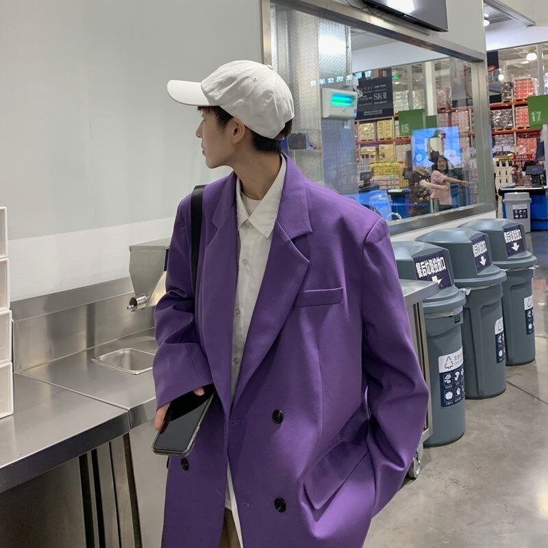 Blazer abricot/violet/noir pour homme, veste de costume, décontracté, ample, à Double boutonnage, pour société de coréenne: Purple / XXL