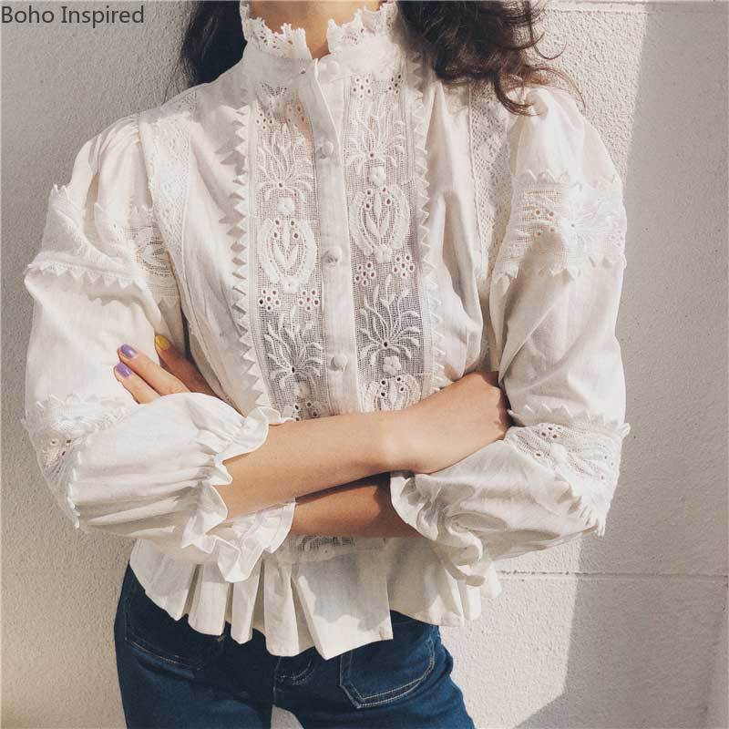 De inspiración Bohemia hueco encaje camisas de manga larga, blusa de las mujeres Floral bordado blanco Camisas de mujer BOHO camisa blusas