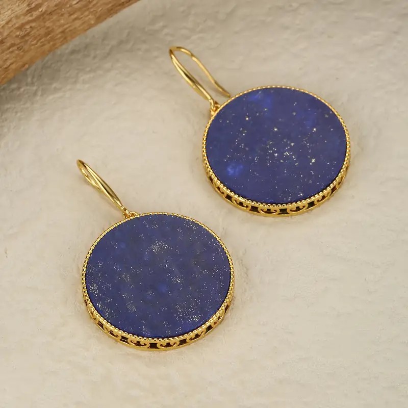Lapis Lazuli Dangle Earrings - Large, Natural, Vintage Round, Bohemian Style, Ethnic Jewelry for Women - Perfect for Par