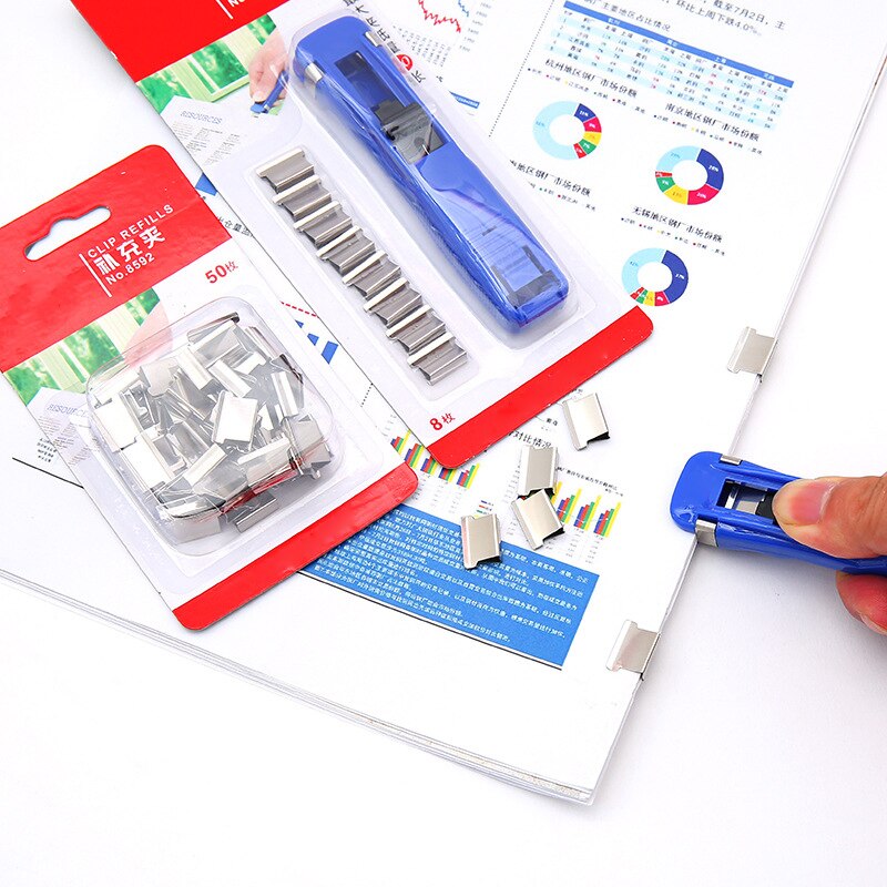 Push Clip Device Portable Handheld Paper Fast Clam Clip Dispenser Metal Refill Clips School Office Student Supplies Paperclips