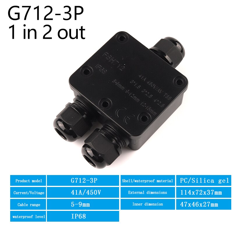 2/3 Way IP68 Black Outdoor Waterproof Cable Electrical Junction Box 41A/450V with Terminals for Light Wiring Accessories: G712-3P