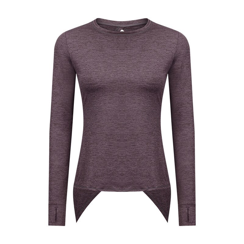 Fitness Vrouwen Lange Mouwen Yoga Shirt Vrouwelijke Sport Top Gym Kleding Slanke Ronde Hals Ademende Hollow Terug Duim Jack running: Hemp yarn red / M-8