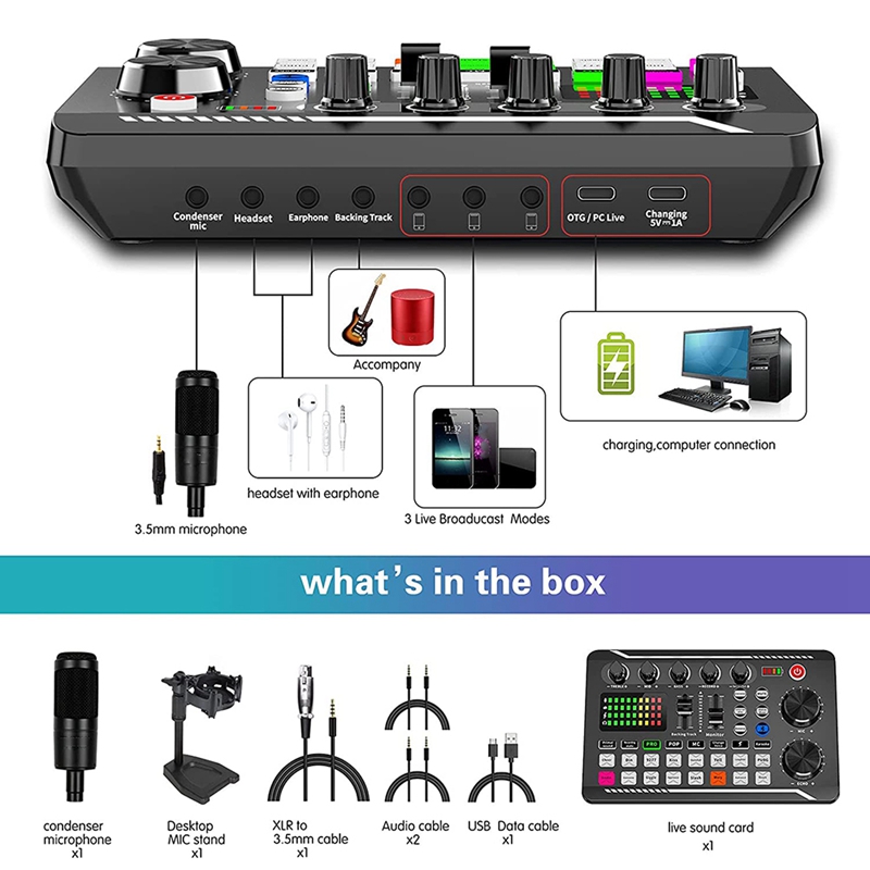 F998 Sound Card Microphone Sound Audio Interface Mixer Sound Card Mixing Console Amplifier For Phone PC