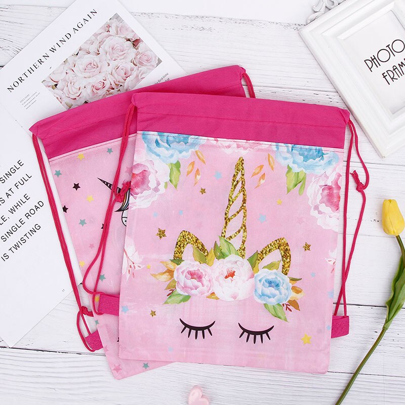 Sac licorne à cordon pour filles, sac de rangement de voyage, sacs d'école de dessin animé, de fête d'anniversaire pour enfants