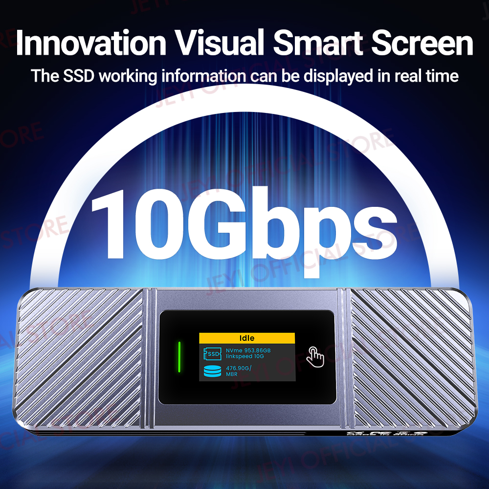 Obudowa JEYI Visual Smart M.2 NVMe NGFF SSD, obsługuje ochronę przed zapisem 5s, ponowne podłączenie 3s, USB 3.2 Gen2 10 Gb/s, wykończenie UASP