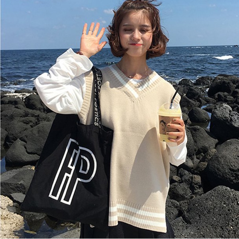 Camisola colete feminino com decote em v escola simples damasco all-match solto diário harajuku estilo japonês doce meninas roupas de tricô chique: L / apricot