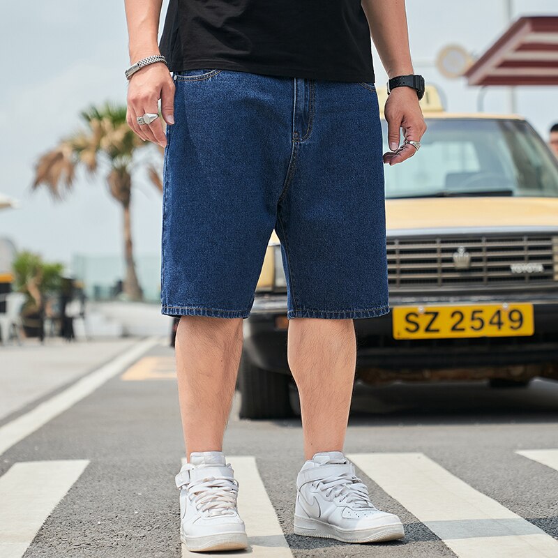 Shorts en jean surdimensionnés pour hommes, shorts en denim amples pour hommes, nouveaux pantalons d'été, 44, 46, 48: Navy blue / 34