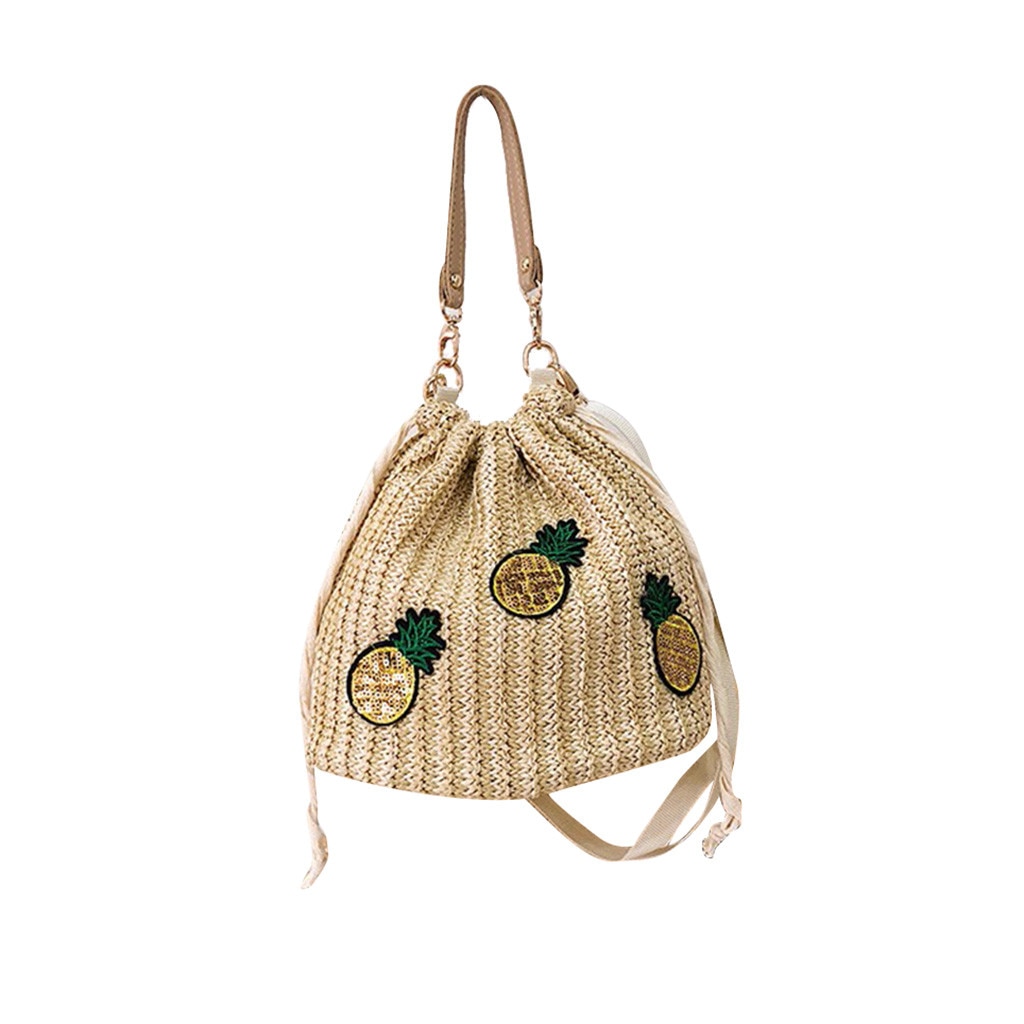 Bolsa de ombro feminina bolsa de ombro saco de balde de palha pineappl mensageiro sacos de praia: Beige 